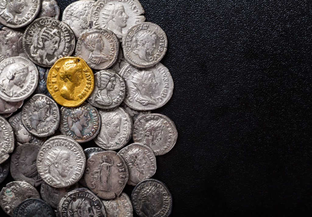 Coins of the Roman Empire, gold and silver.